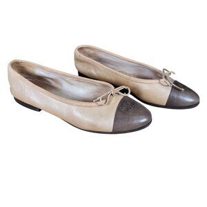 Chanel CC Cap Toe Bow Ballet Flats Tan Brown Calf Patent Leather Size EU 36.5